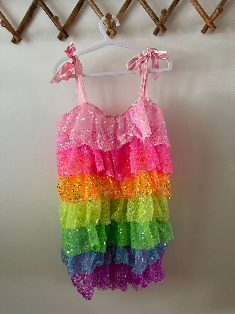 Rainbow Neon Sequin Ruffle Dress with Pink Tie Straps Lola and the Boys